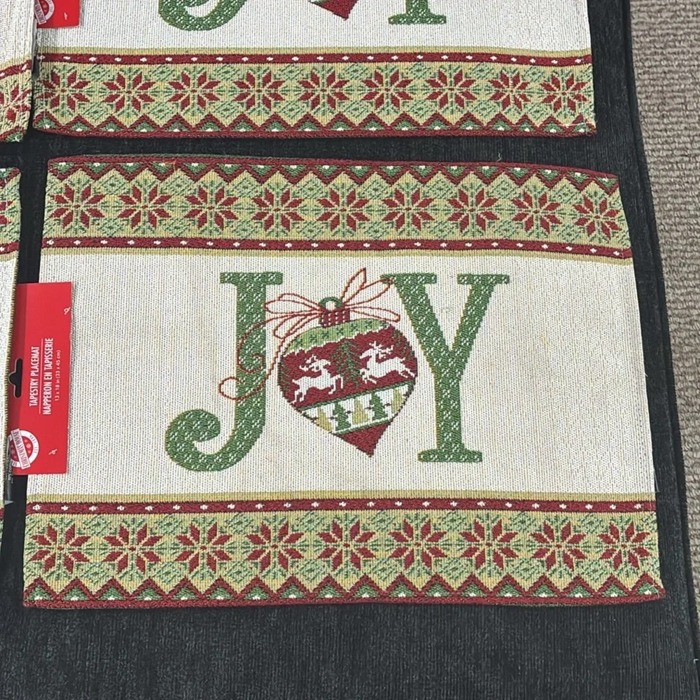 NWT- Set of 4- Cream- Red & Green JOY Ornament Holiday Tapestry Placemats 13x18